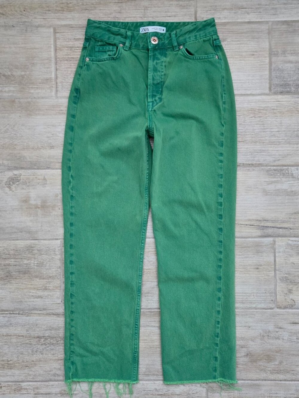 Zara Green Dyed Button Fly Straight Jeans Womens Raw Hem High Rise 2